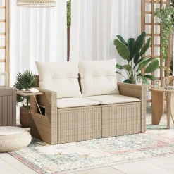 vidaXL Sofá de jardín con cojines de 2 plazas ratán sintético beige beige y crema Best
