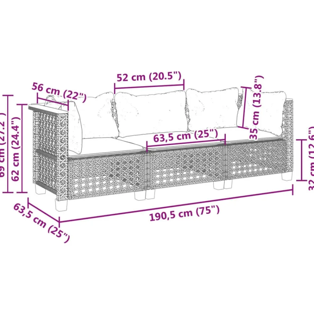 vidaXL Muebles De Jardín-Sofá de jardín de 3 plazas con cojines ratán sintético