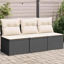 vidaXL Sofá de jardín de 3 plazas con cojines de ratan PE en negro Negro y crema Best