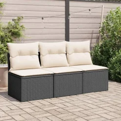 vidaXL Sofá de jardín de 3 plazas con cojines de ratan PE en negro Negro y crema Best