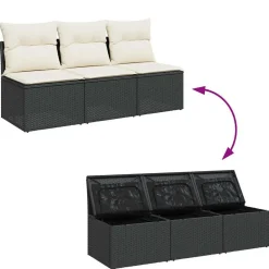 vidaXL Sofá de jardín de 3 plazas con cojines de ratan PE en negro Negro y crema Best