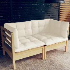 vidaXL Sofá de jardín de 2 plazas con cojines madera maciza pino crema Marr&oacute;n y crema Sale