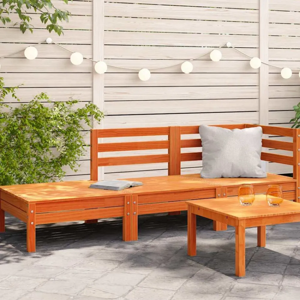 vidaXL Muebles De Jardín-Sofá de jardín de 3 plazas madera maciza de pino marrón cera