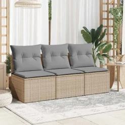 vidaXL Muebles De Jardín-Sofá de jardín de 3 plazas con cojines ratán sintético beige