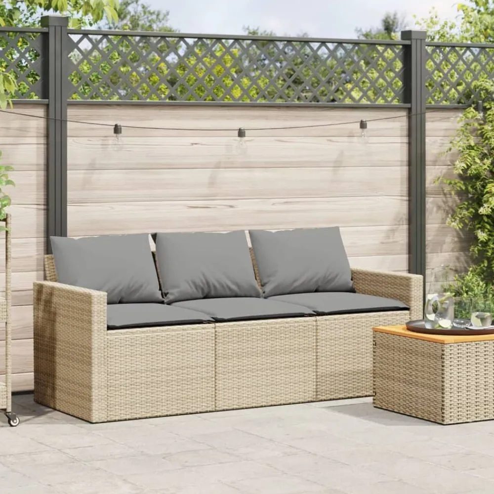 vidaXL Sofá de jardín de 3 plazas con cojines ratán sintético beige beige y gris claro