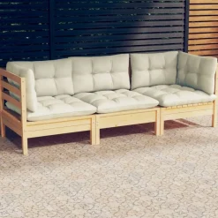 vidaXL Sofá de jardín de 3 plazas con cojines madera maciza pino crema Marr&oacute;n y crema Best