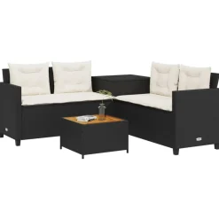 vidaXL Sofá de jardín en forma de L con mesa y cojines ratán PE negro Negro y crema Online
