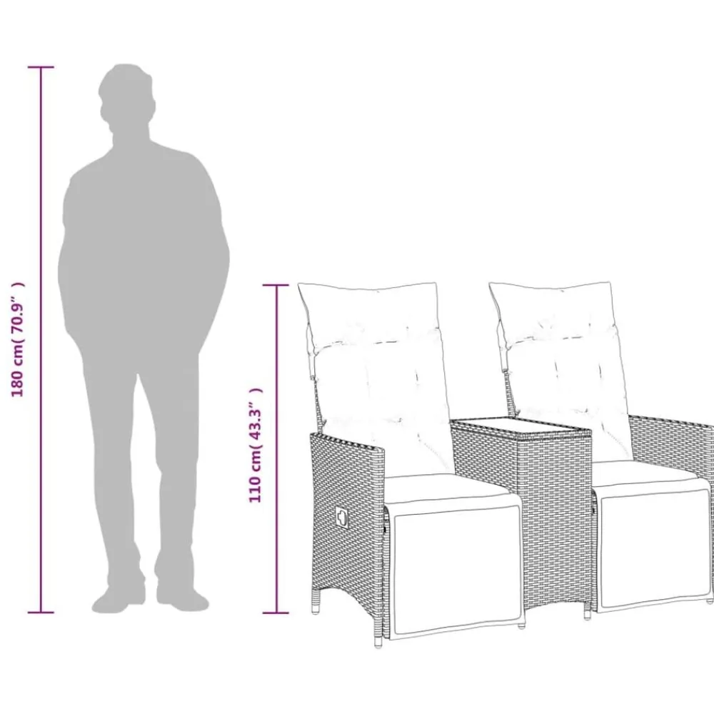 vidaXL Muebles De Jardín-Sofá de jardín reclinable de 2 plazas con mesa ratán PE marrón
