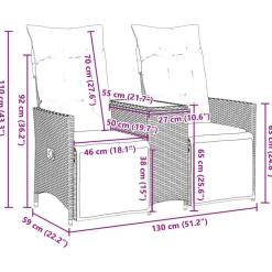 vidaXL Muebles De Jardín-Sofá de jardín reclinable de 2 plazas con mesa ratán PE