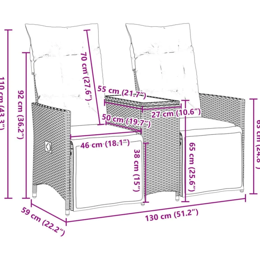vidaXL Muebles De Jardín-Sofá de jardín reclinable de 2 plazas con mesa ratán PE