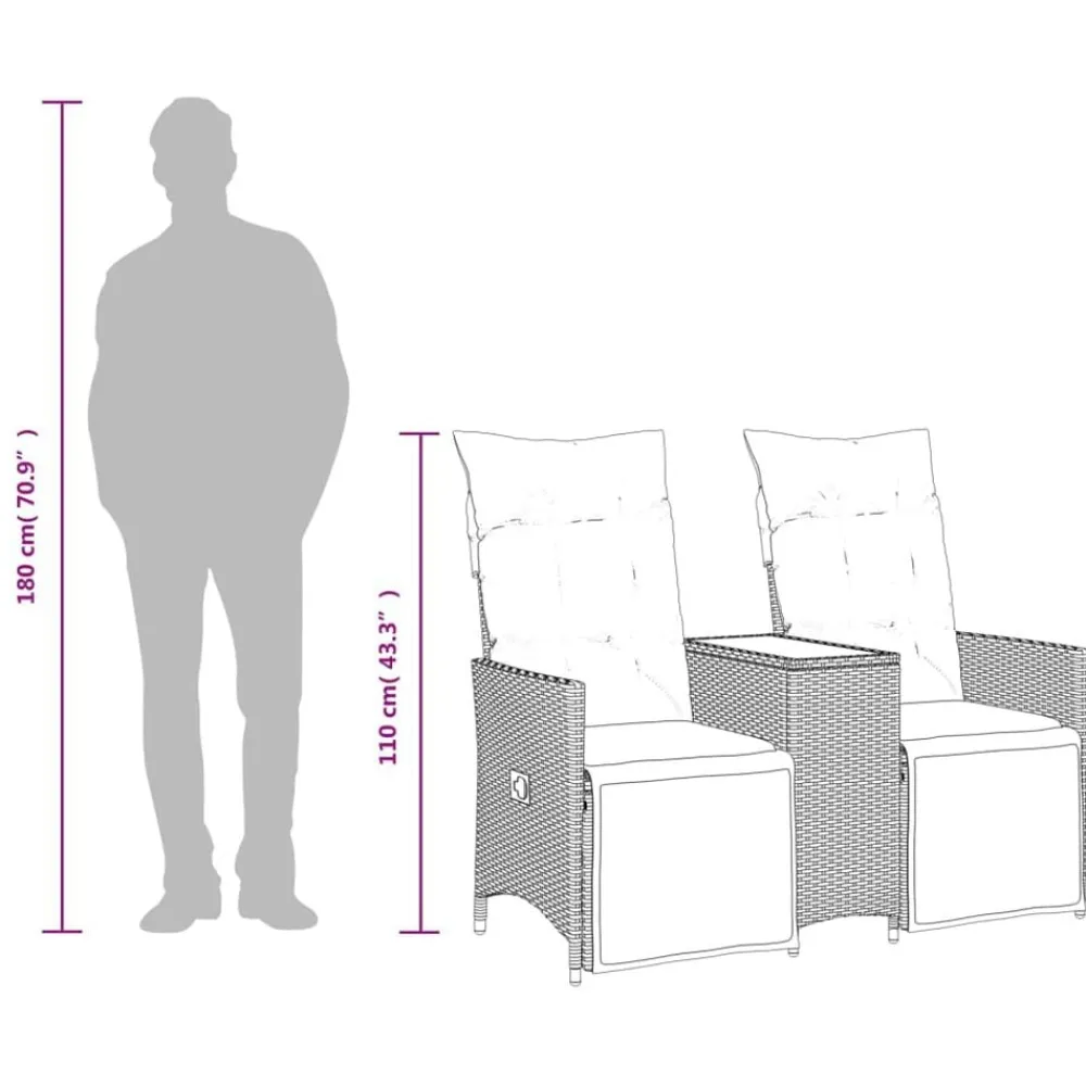 vidaXL Muebles De Jardín-Sofá de jardín reclinable de 2 plazas con mesa ratán PE