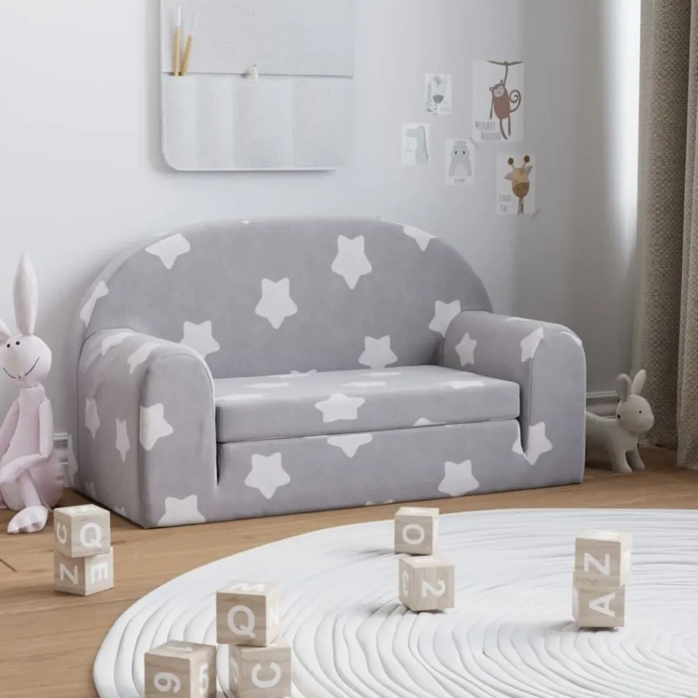 Niños vidaXL Mobiliario Para Bebés Y Niños Pequeños-Sofá de niños de 2 plazas felpa suave gris claro con estrellas