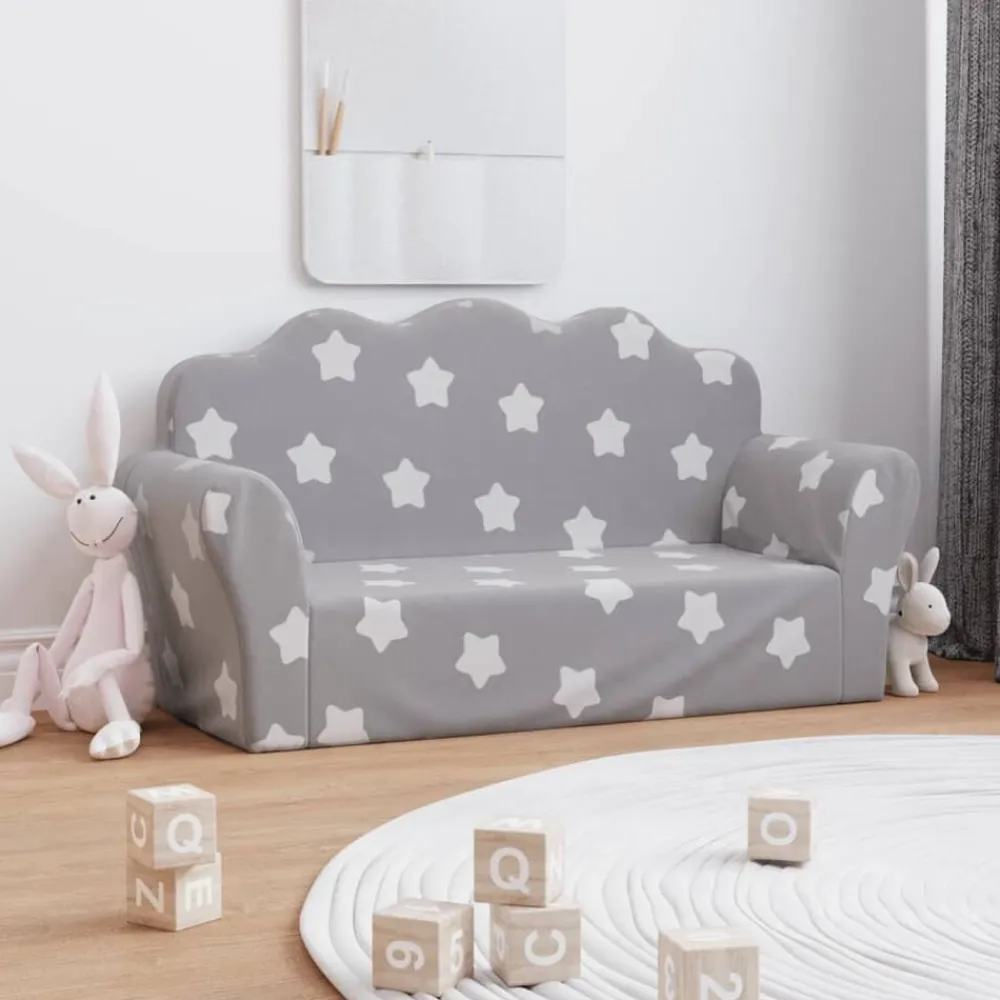 Niños vidaXL Mobiliario Para Bebés Y Niños Pequeños-Sofá de niños de 2 plazas felpa suave gris claro con estrellas