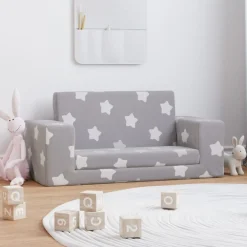 Niños vidaXL Mobiliario Para Bebés Y Niños Pequeños-Sofá de niños de 2 plazas felpa suave gris claro con estrellas