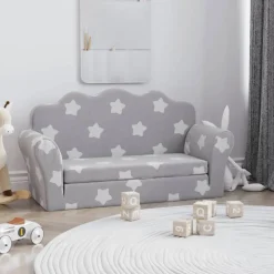 Niños vidaXL Mobiliario Para Bebés Y Niños Pequeños-Sofá de niños de 2 plazas felpa suave gris claro con estrellas