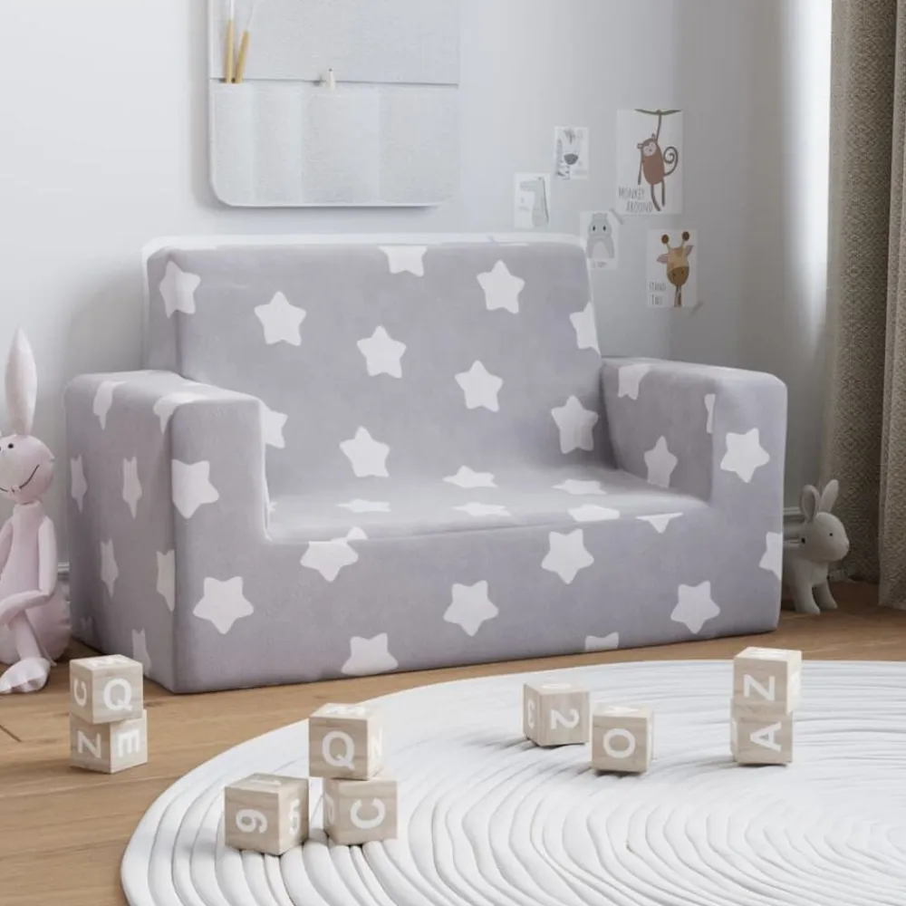 vidaXL Sofá infantil de 2 plazas gris claro con estrellas felpa suave Gris claro y blanco Sale