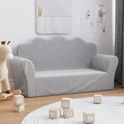 vidaXL Sofá para niños de 2 plazas felpa suave Gris claro New