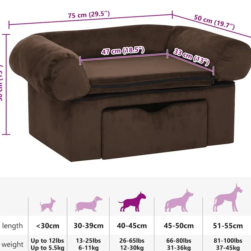 vidaXL Productos Para Mascotas-Sofá para perros con cajón felpa marrón 75x50x38 cm