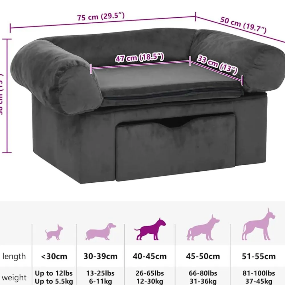 vidaXL Sofá para perros con cajón felpa 75x50x38 cm Gris oscuro Best