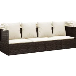 vidaXL Sofá tumbona de jardín con toldo cojines ratán sintético marrón Marr&oacute;n y crema New