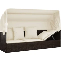 vidaXL Sofá tumbona de jardín con toldo cojines ratán sintético marrón Marr&oacute;n y crema New