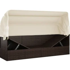 vidaXL Sofá tumbona de jardín con toldo cojines ratán sintético marrón Marr&oacute;n y crema New
