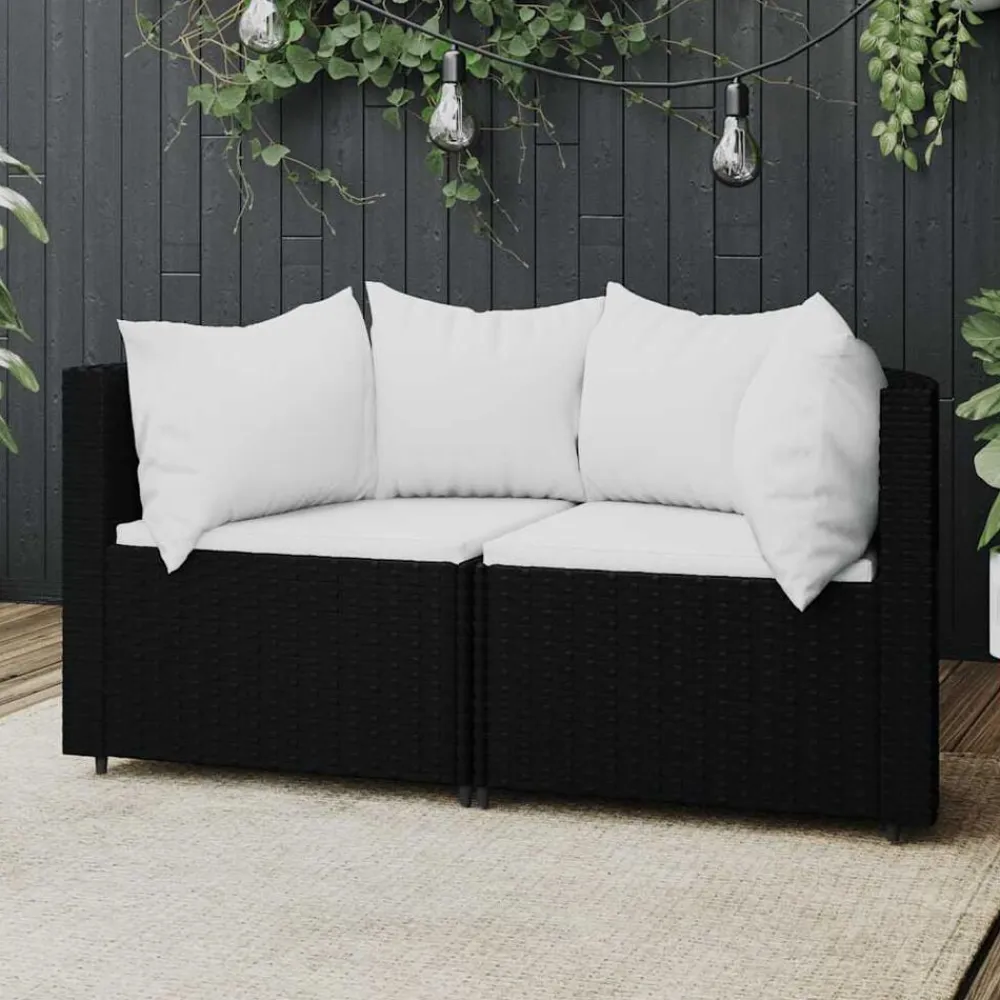 vidaXL Sofás de esquina jardín con cojines 2 uds ratán sintético negro Negro y blanco Hot