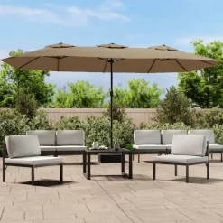 vidaXL Sombrilla doble de jardín con luces LED gris taupe 449x265 cm Taupé Clearance