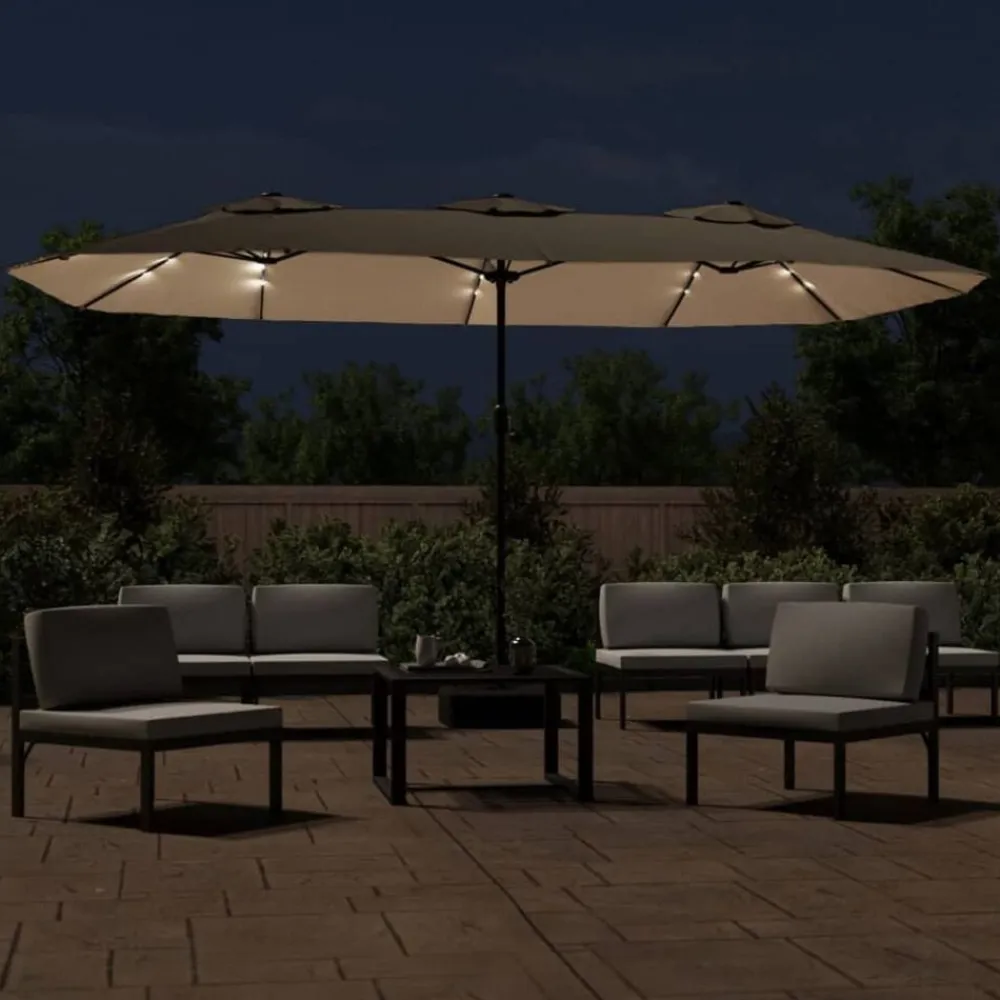 vidaXL Sombrilla doble de jardín con luces LED gris taupe 449x265 cm Taupé Clearance