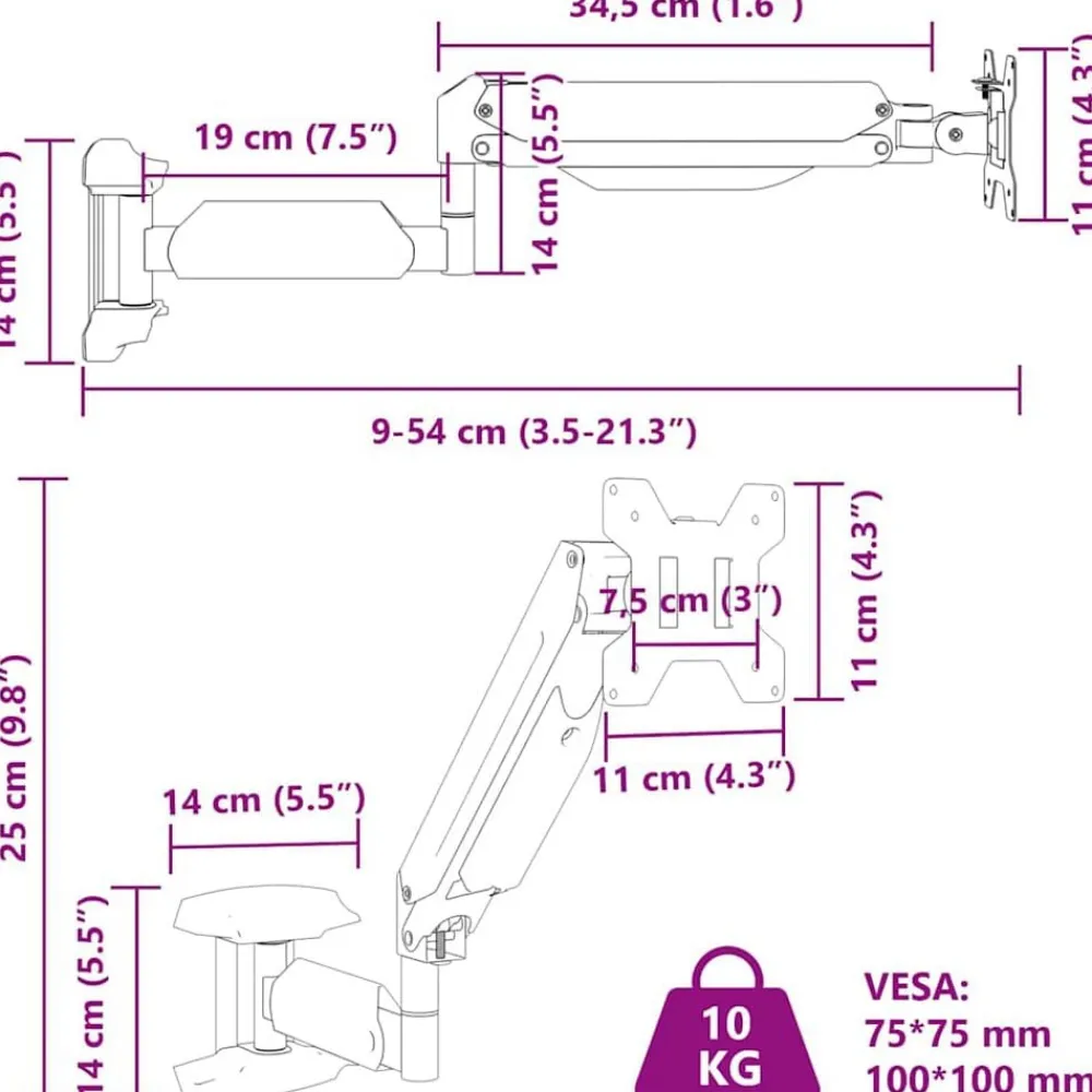vidaXL Electrónica-Soporte de pared para monitor máximo 27'' resorte de gas 10 kg