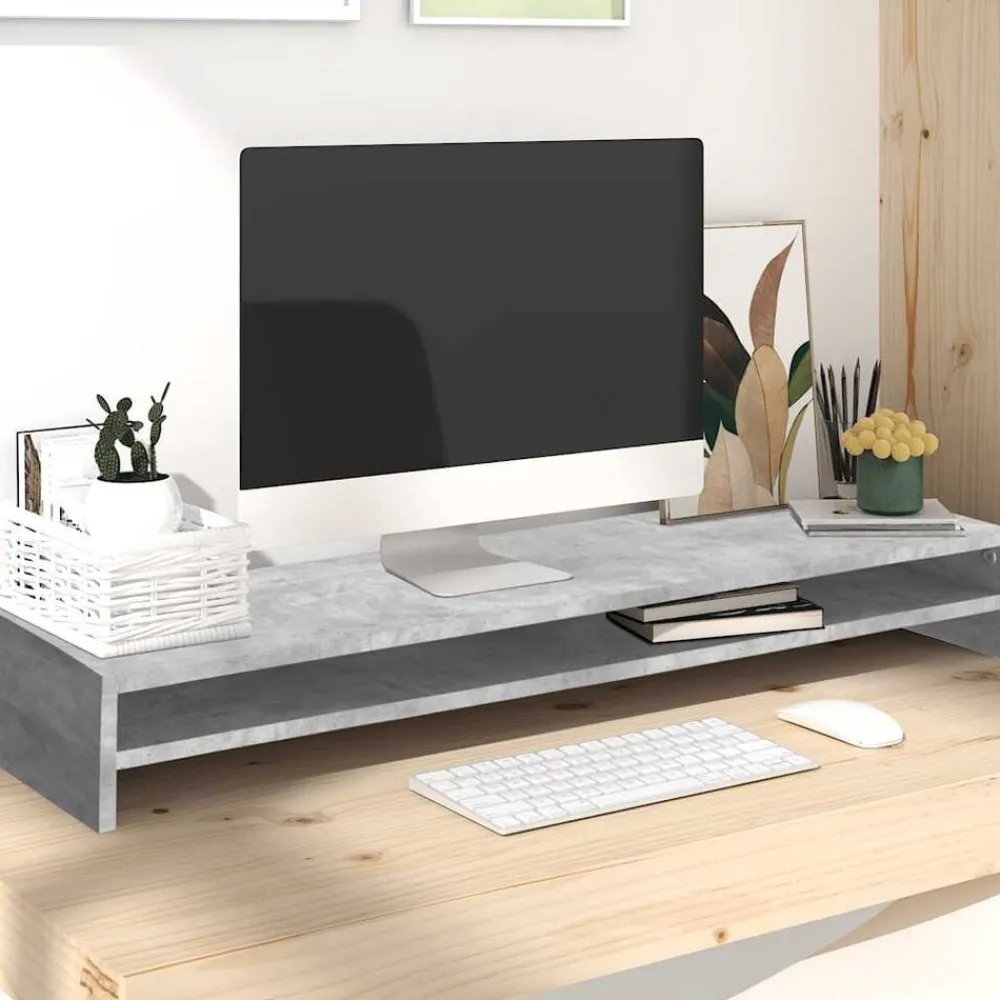vidaXL Soporte mesa para pantalla contrachapada hormigón 100x24x13cm Gris hormigón Hot