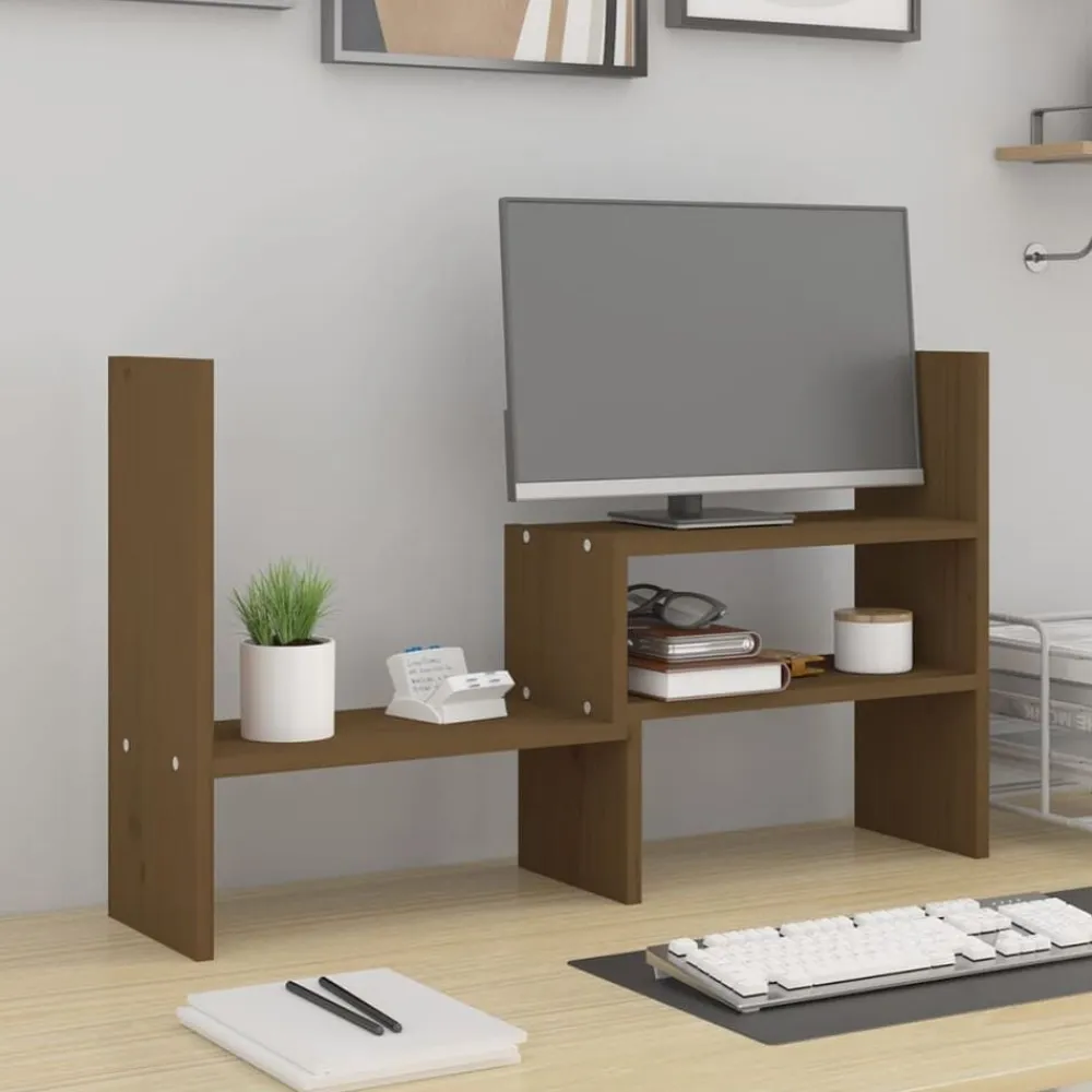 vidaXL Soporte monitor madera maciza pino marrón miel (39-72)x17x43 cm Marrón miel Clearance