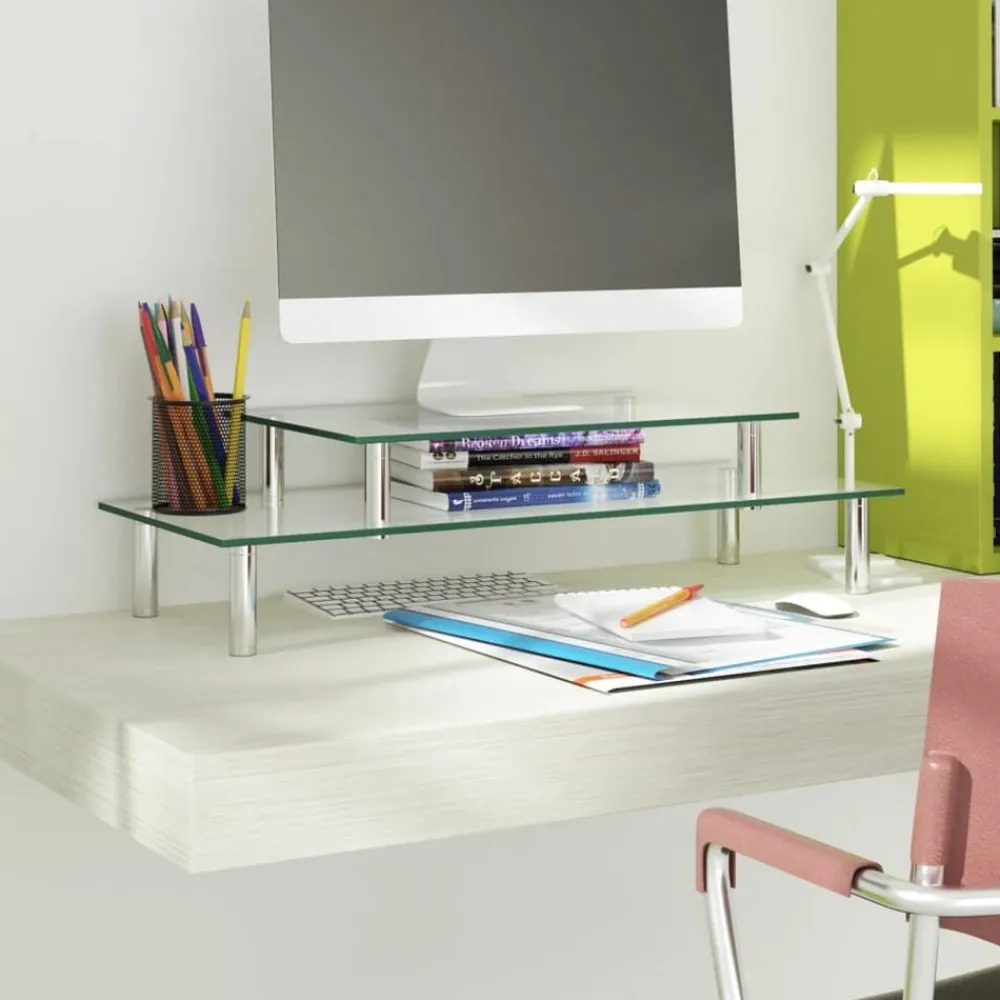 vidaXL Soporte para monitor de 2 niveles vidrio transparente Discount