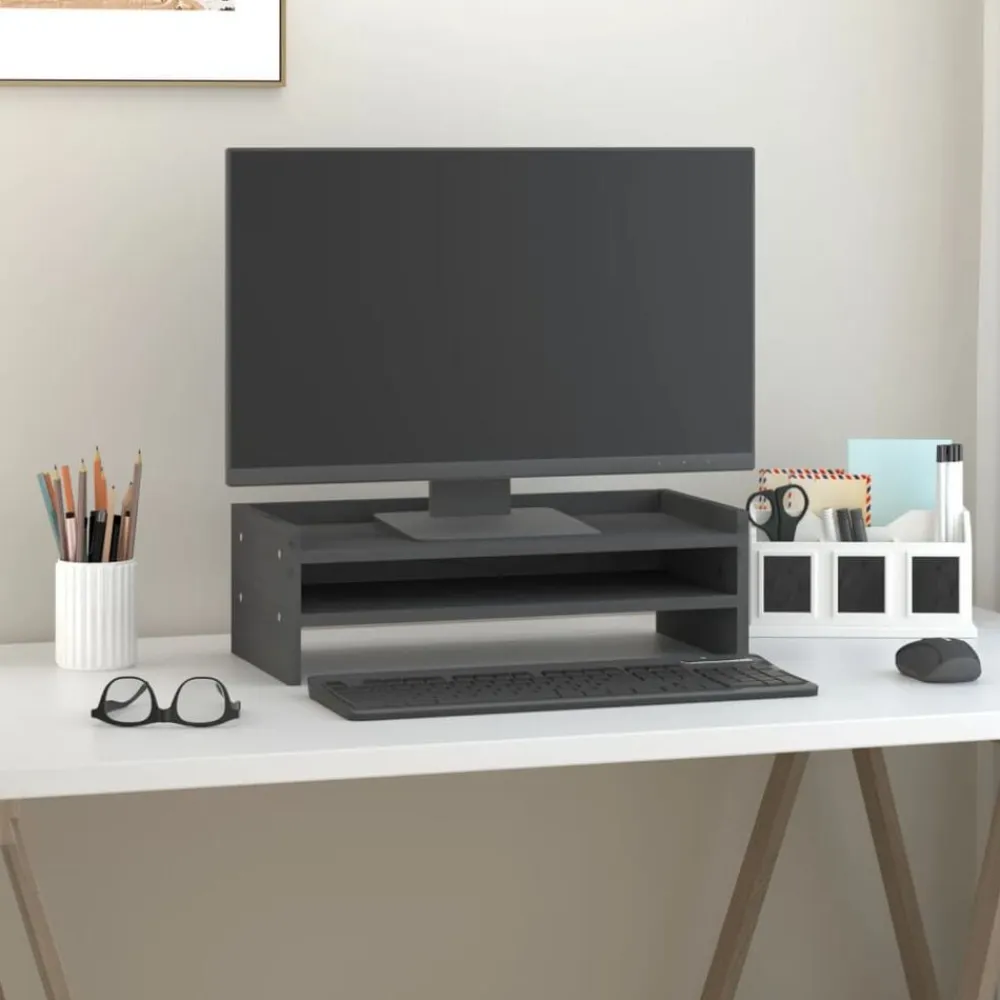 vidaXL Soporte para monitor madera maciza de pino 50x24x16 cm Gris Discount