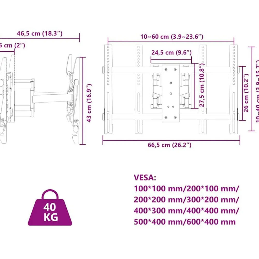 vidaXL Electrónica-Soporte pared TV pantalla 37''-80'' Max VESA 600x400 mm 40 kg