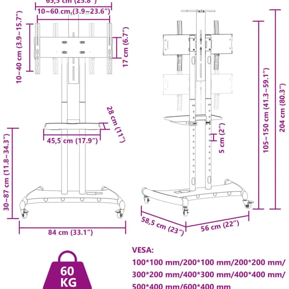 vidaXL Electrónica-Soporte TV con ruedas pantalla 32-70'' Max VESA 600x400mm 60kg