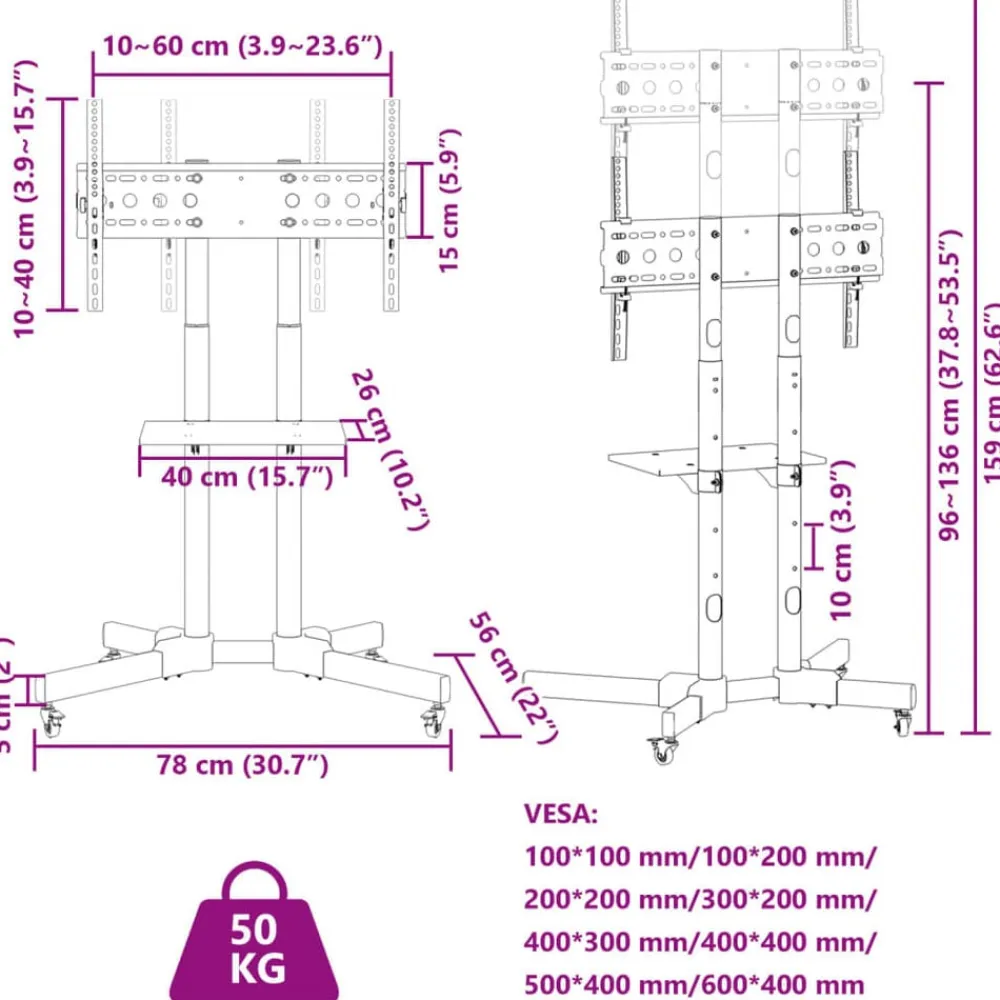 vidaXL Electrónica-Soporte TV con ruedas pantalla 32-70'' Max VESA 600x400mm 50kg