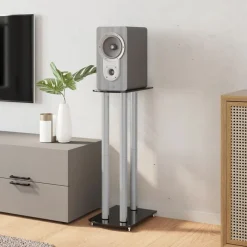 vidaXL Soportes altavoces 2 uds vidrio templado plata negro 3 pilares Negro y plateado Outlet