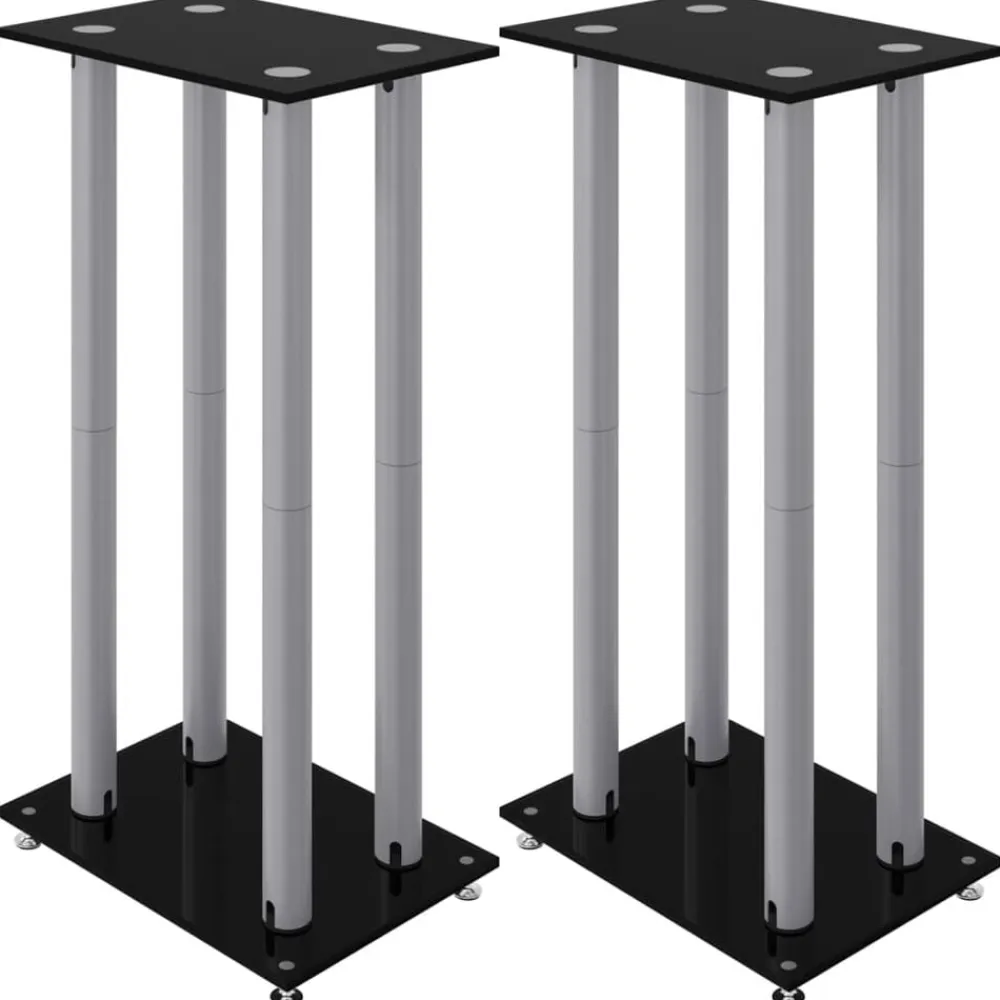 vidaXL Electrónica-Soportes altavoces 2 uds vidrio templado plata negro 4 pilares