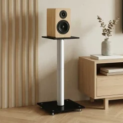 vidaXL Soportes de altavoces 2 uds vidrio templado plata negro 1 pilar Negro y plateado Clearance