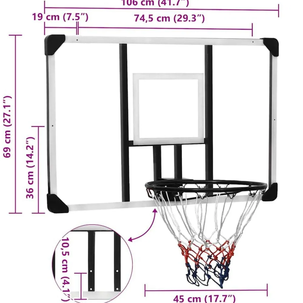 vidaXL Tablero de baloncesto policarbonato transparente 106x69x3 cm Online