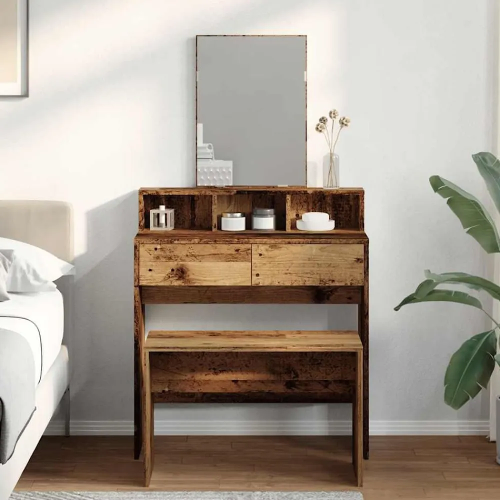 vidaXL Taburete vestidor madera contrachapada madera vieja 70x35x45 cm Madera antigua Clearance