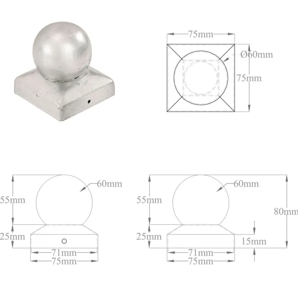 vidaXL Tapas para postes 6 uds metal galvanizado globo final 71x71 mm New