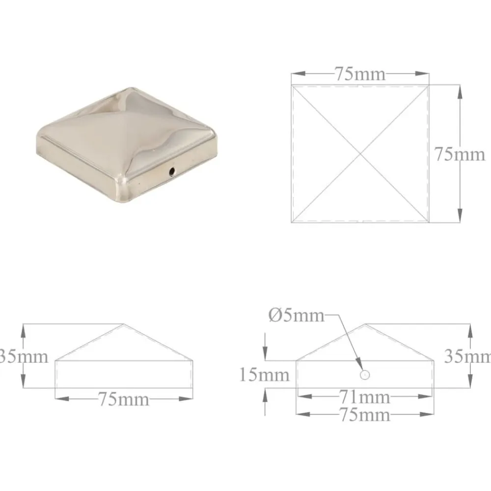 vidaXL Vallas De Jardín-Tapas piramidales postes valla 6 uds acero inoxidable 71x71 mm