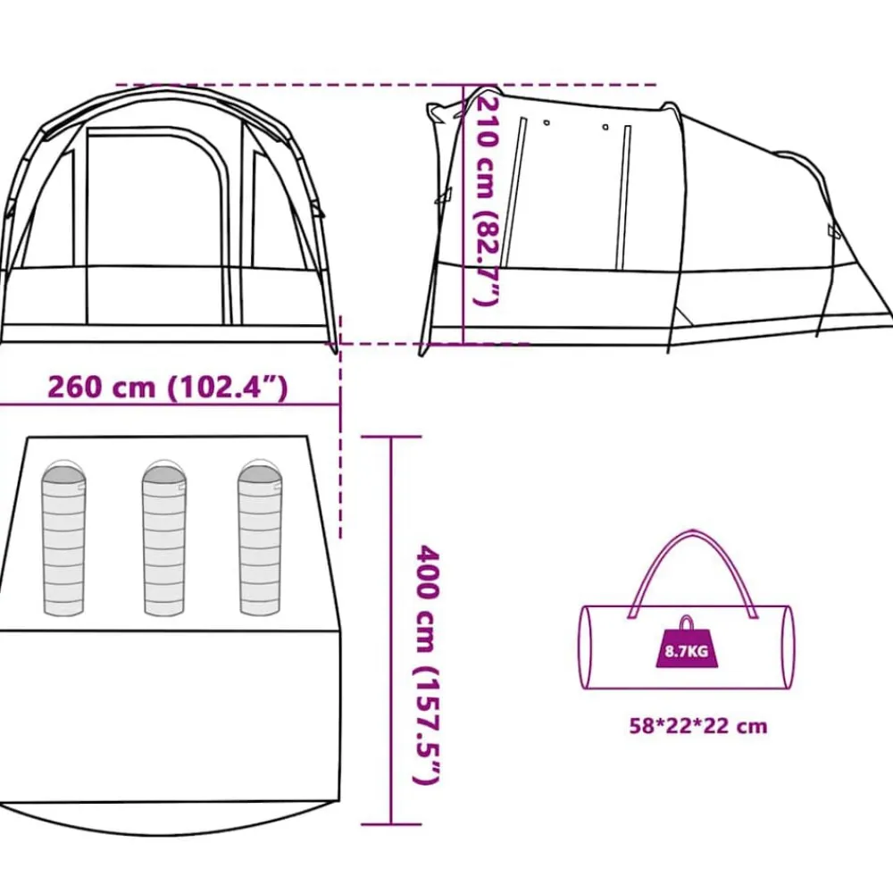 vidaXL Actividades Al Aire Libre-Tienda de campaña túnel para 3 personas impermeable
