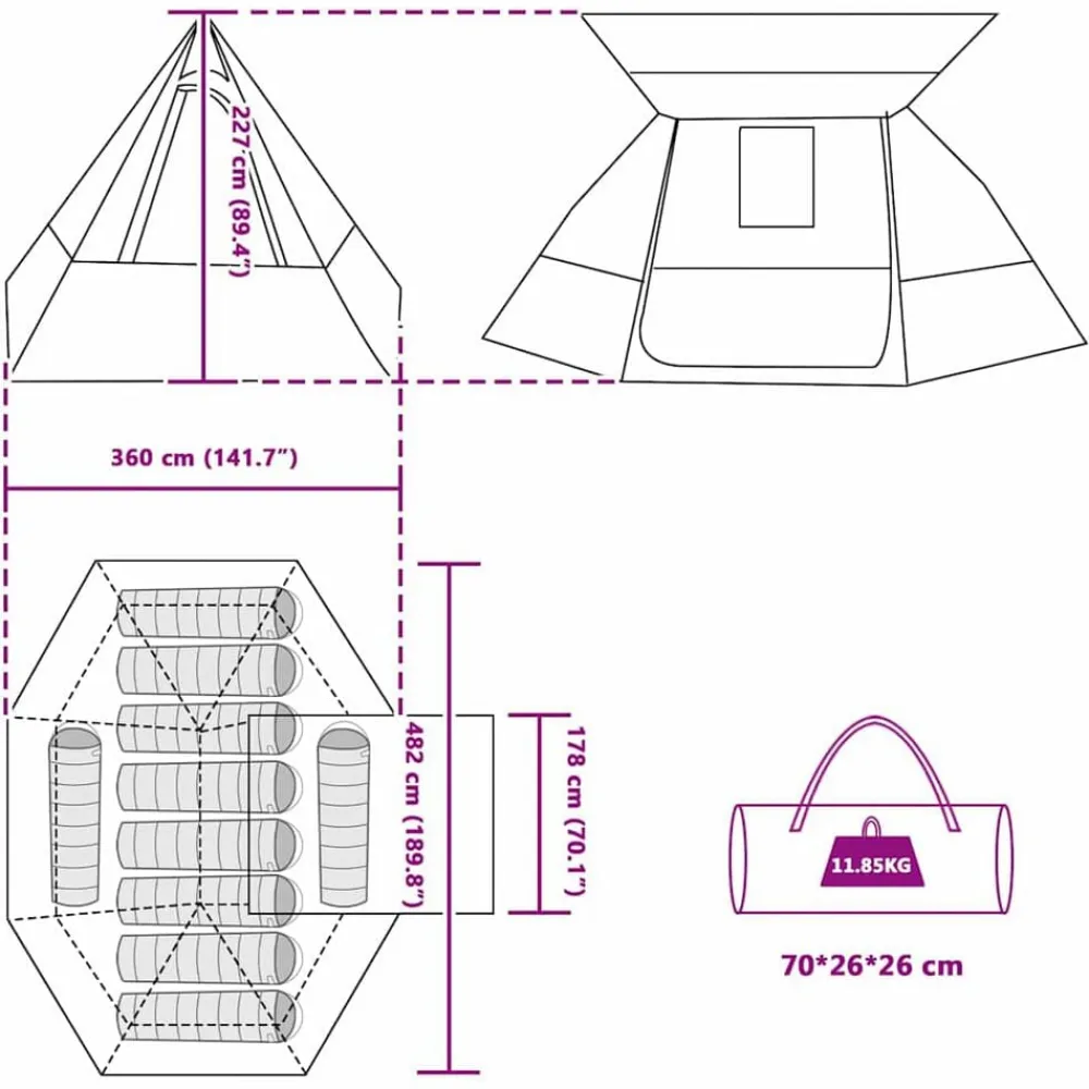 vidaXL Actividades Al Aire Libre-Tienda de camping con techo 482 x 360 x 227 cm tafetán