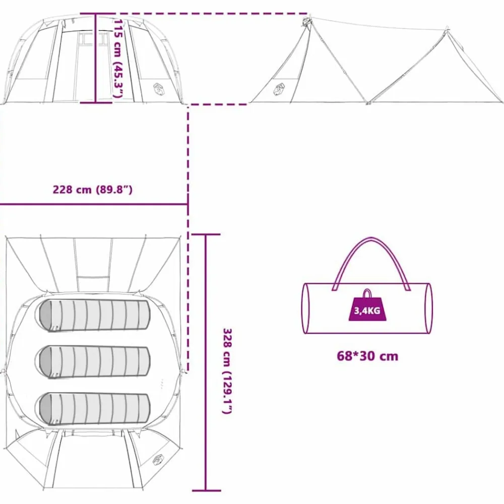 vidaXL Actividades Al Aire Libre-Tienda de túnel para 3 personas y gris 328 x 228 x 115 cm