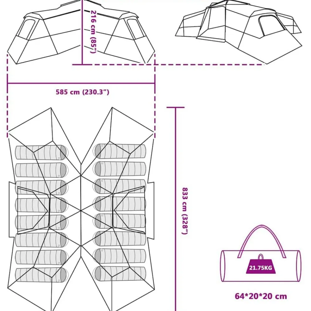 vidaXL Actividades Al Aire Libre-Tienda Familiar con techo 833 x 585 x 216 cm tafetán