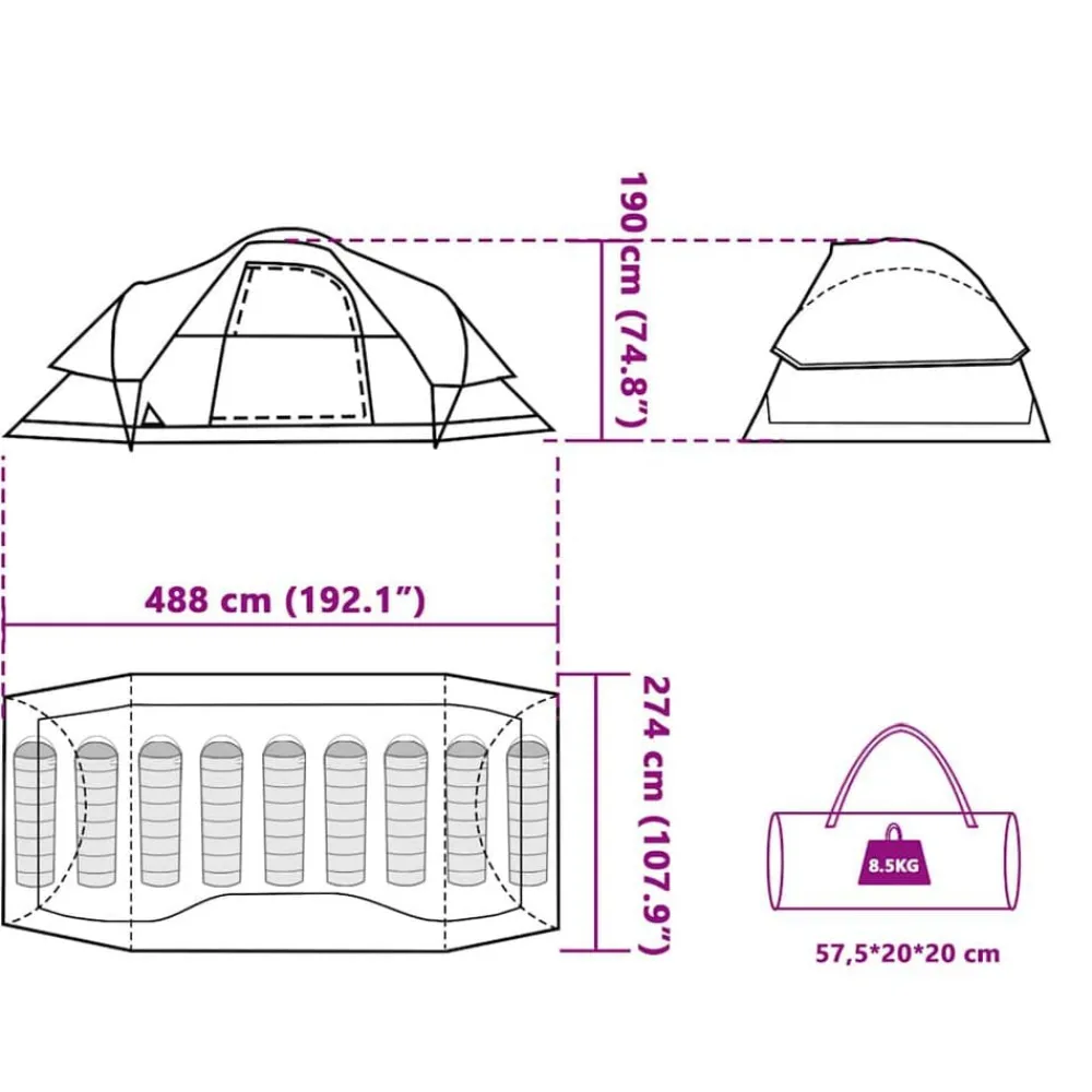 vidaXL Actividades Al Aire Libre-Tienda familiar con cúpula para 9 personas impermeable