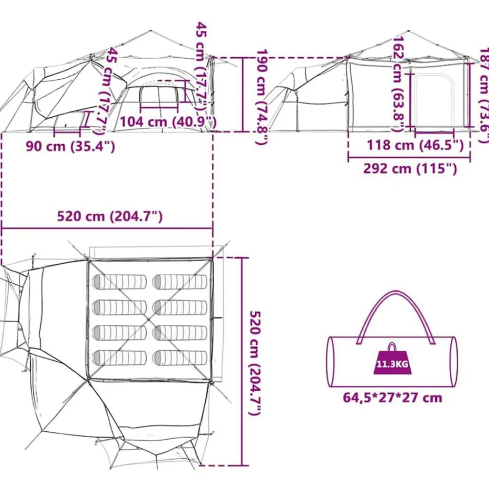 vidaXL Actividades Al Aire Libre-Tienda interior con techo 520 x 520 x 190 cm tafetán